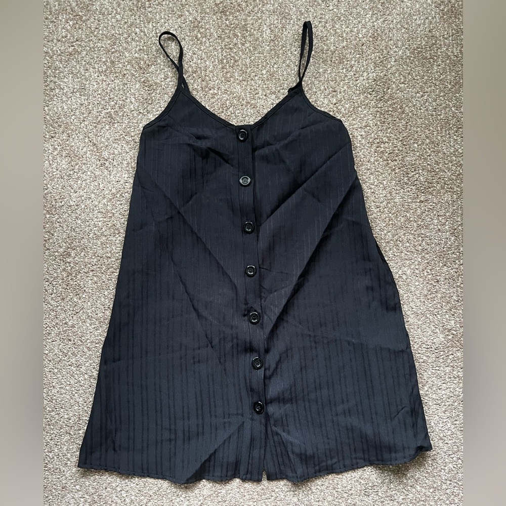 SHEIN Solid Plain Black Textured Spaghetti Strap Tank Dress Button Down Front